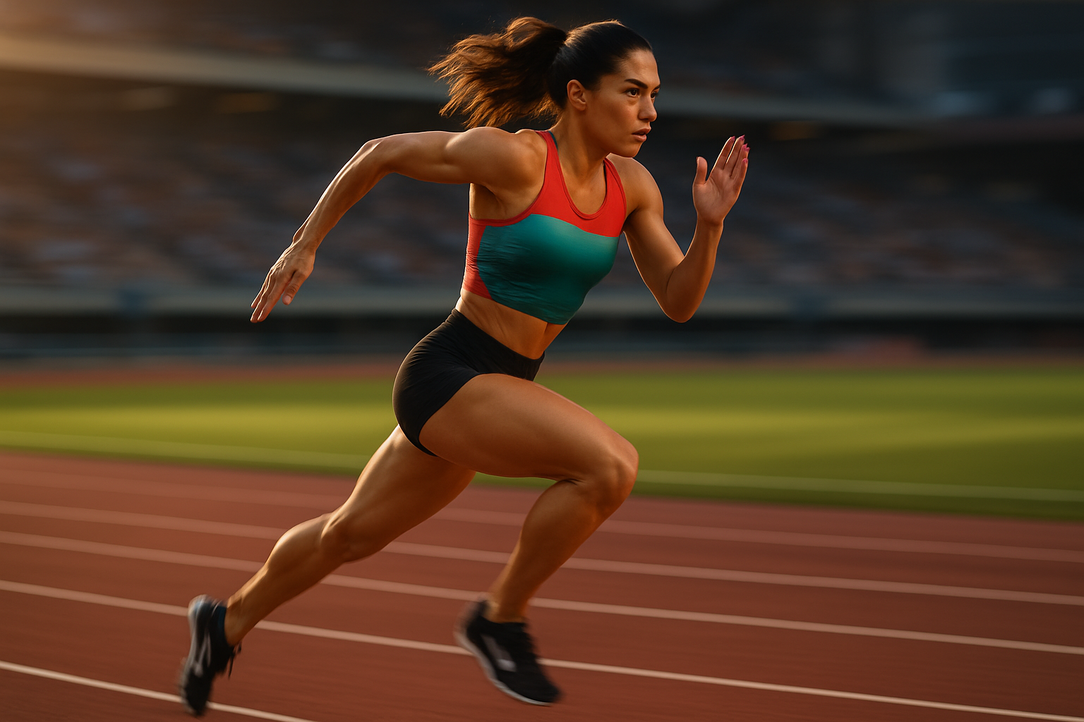 Female sprinter exploding out of starting blocks on a track during a speed training session
