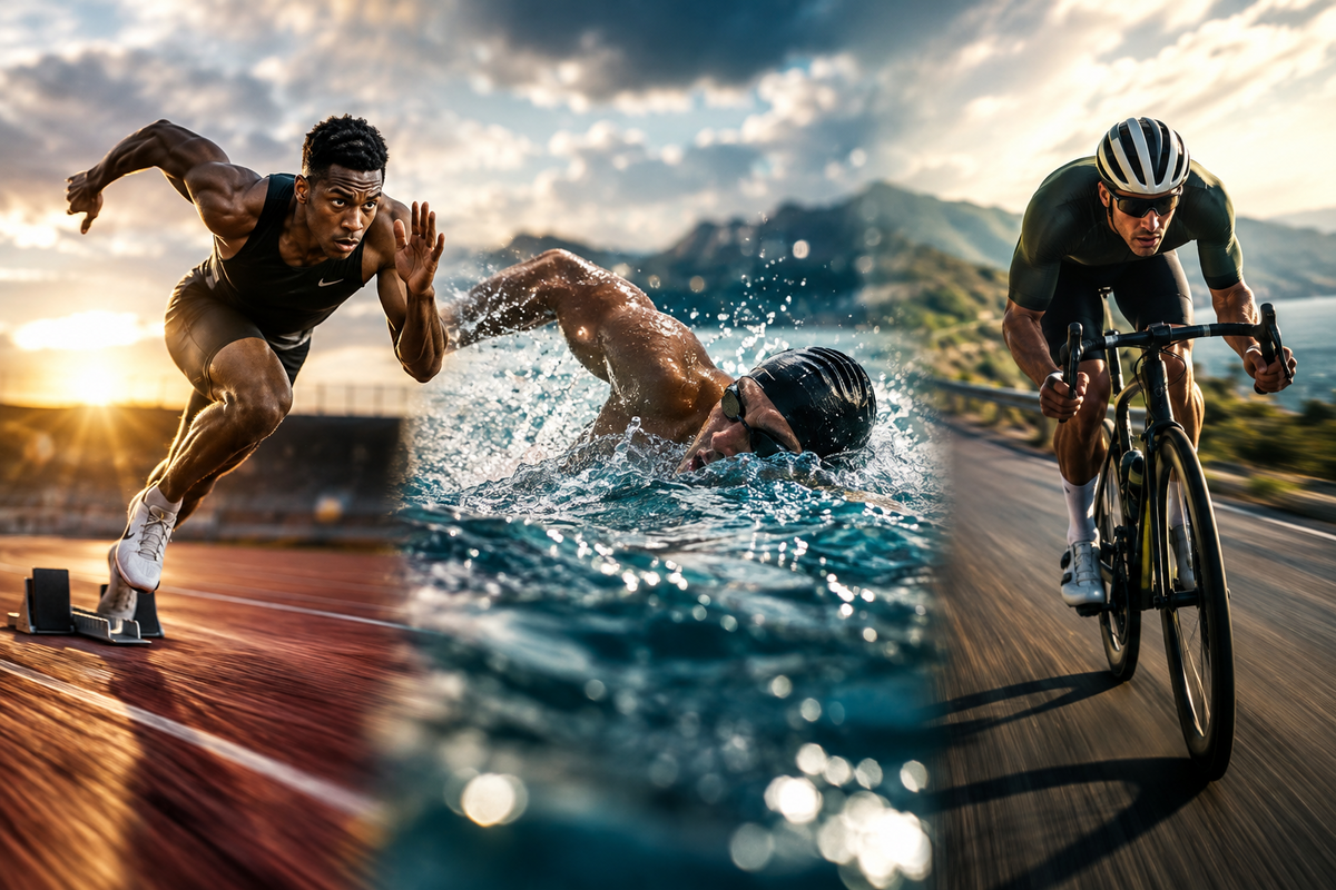 a runner, a swimmer, and a cycler testing their reaction times