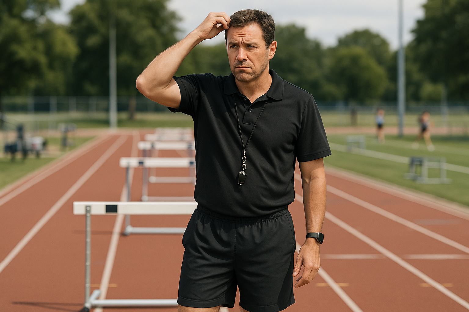 Track and field coach scratching is head