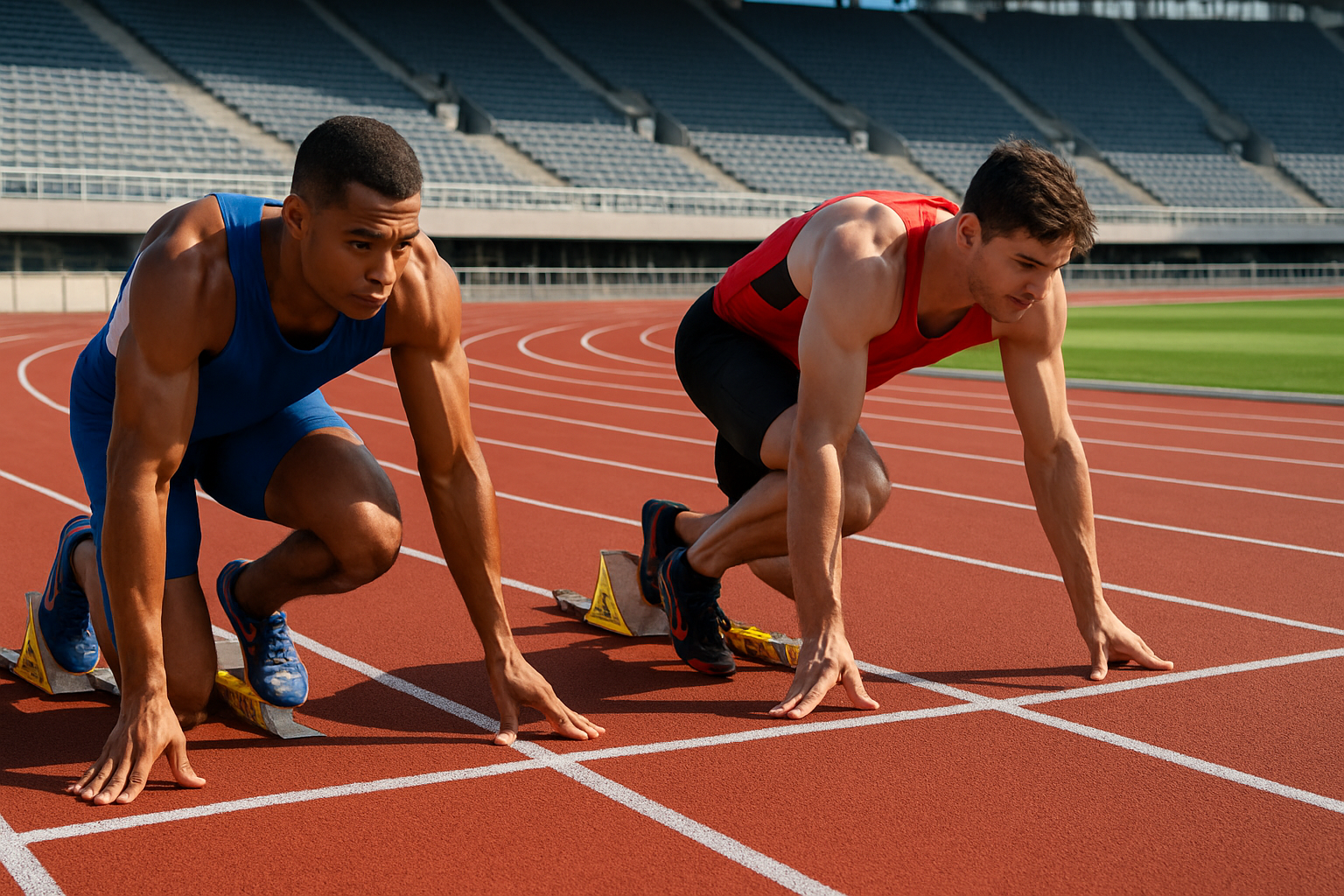 Two track and field athletes starting a sprint session
