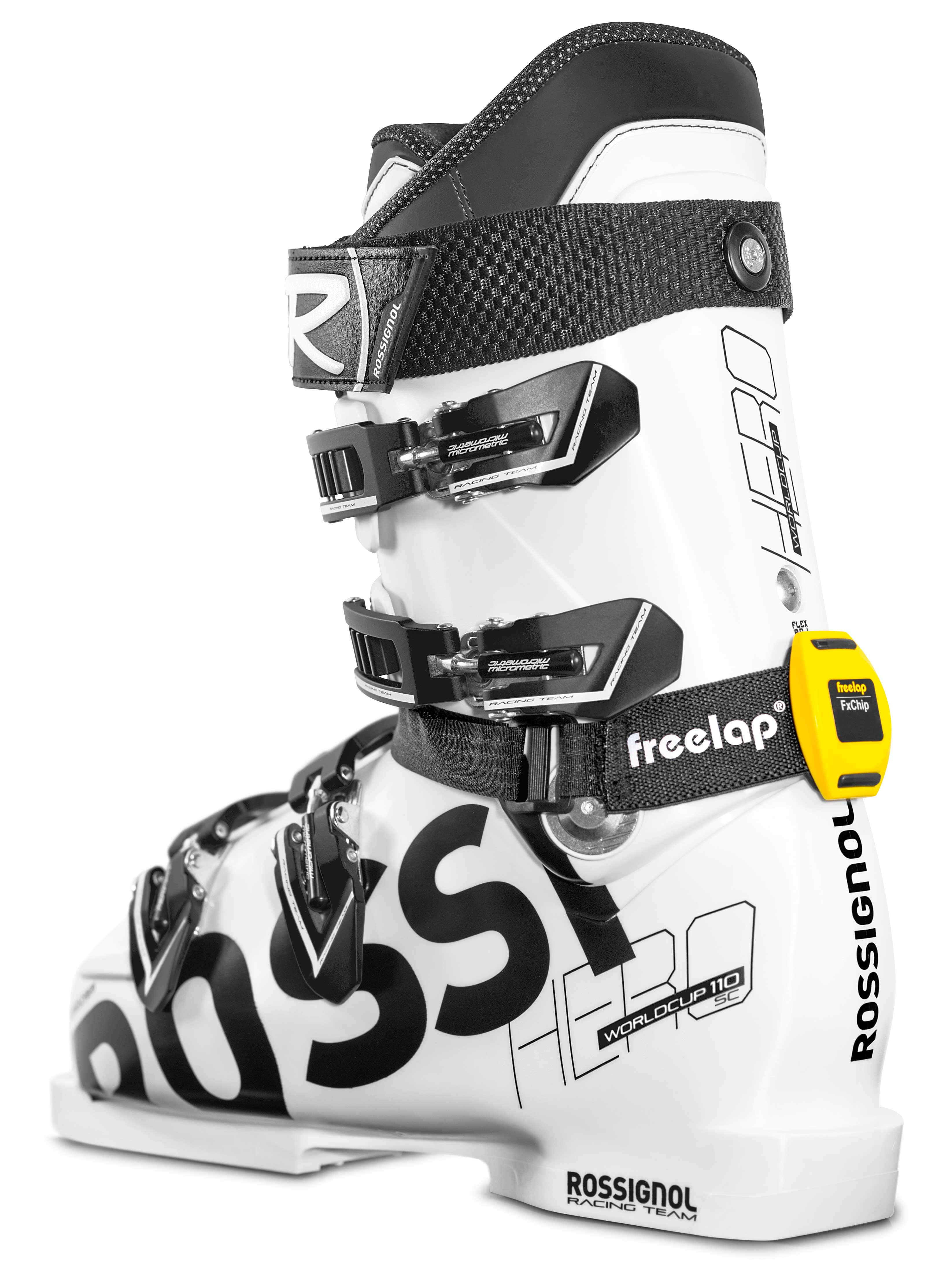 Freelap FxChip for alpine ski timing, mounted on a Rossignol race boot