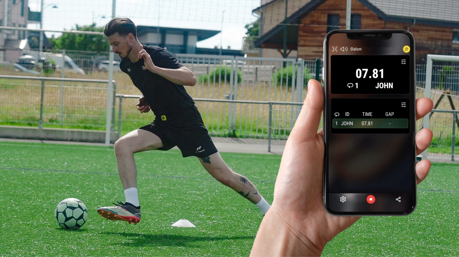 Freelap Canada soccer banner – athlete training with wireless timing system for sprint performance and agility tracking on the field.