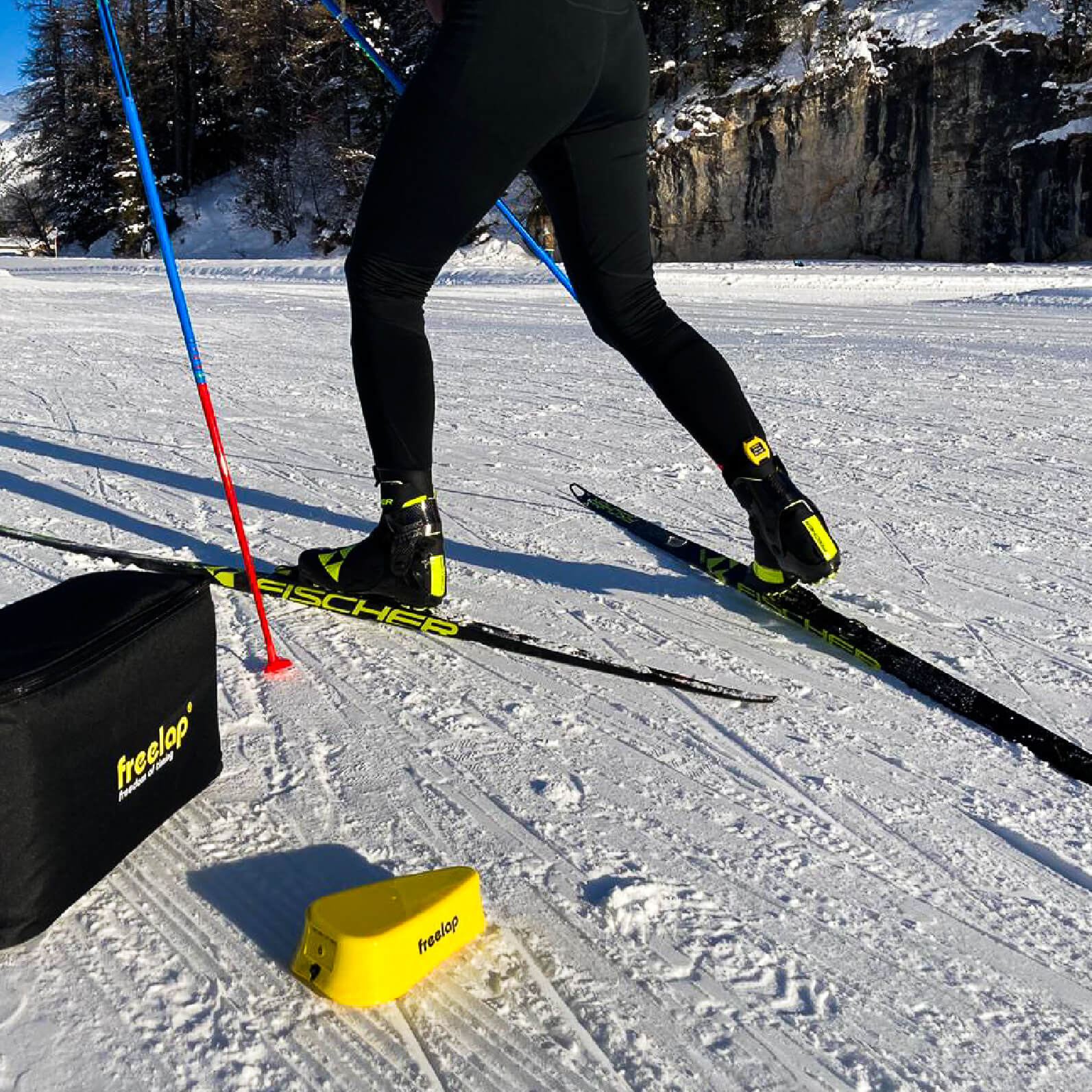 Cross-country skier using Freelap Canada wireless timing system – accurate timing and performance tracking for nordic skiing training.