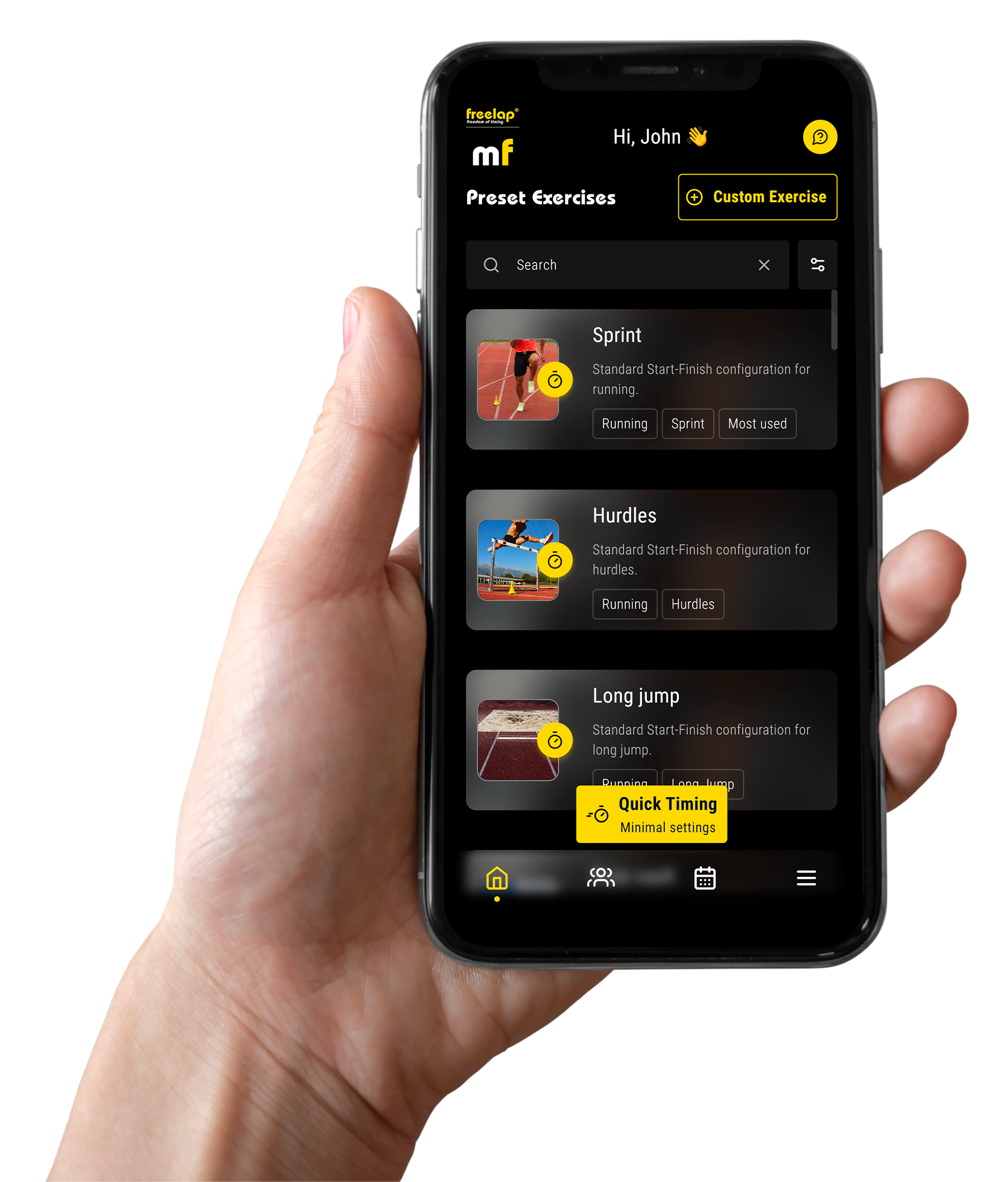 Hand holding a smartphone displaying a fitness app with exercise options.