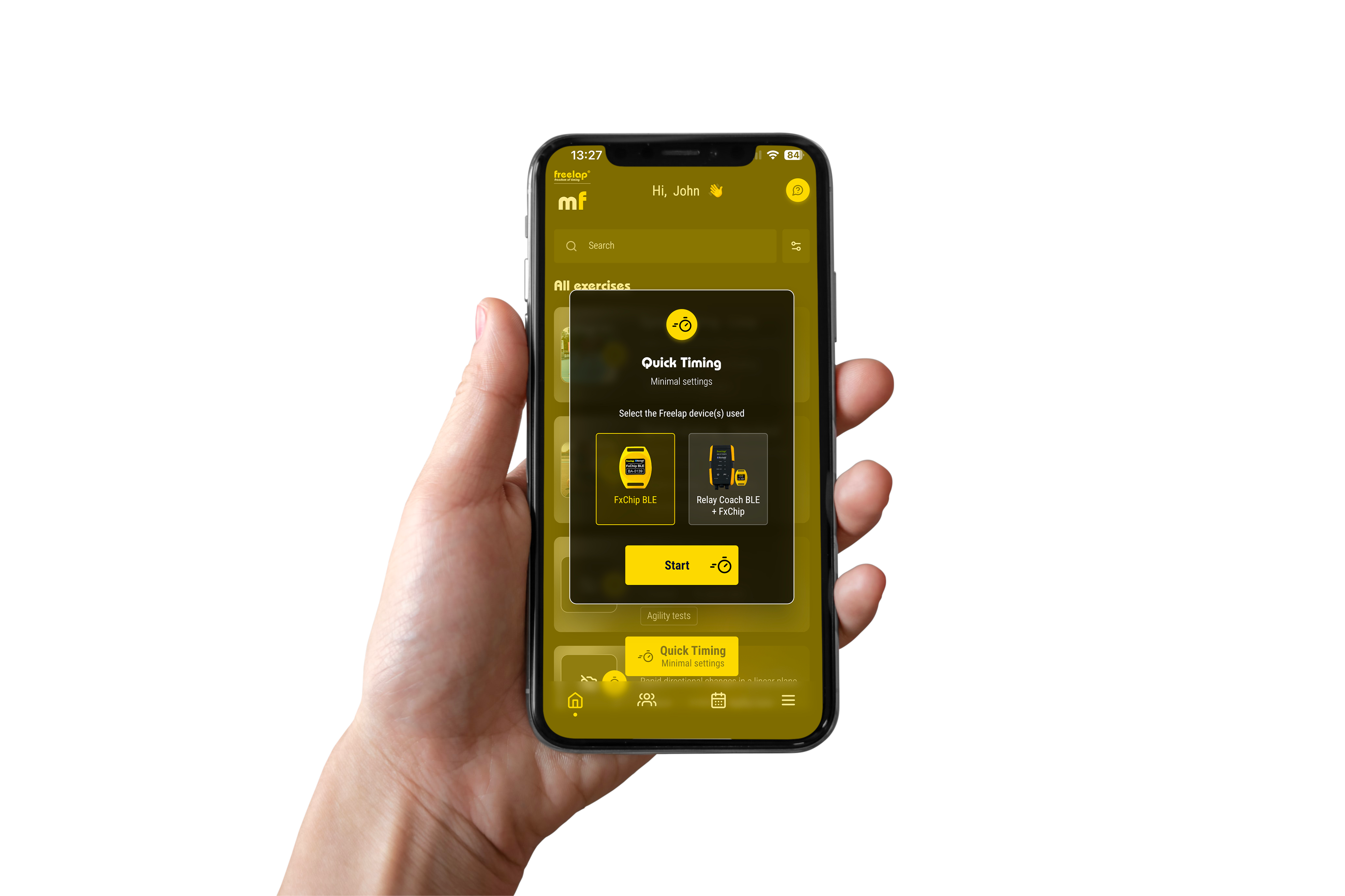 Hand holding a smartphone displaying an app interface with yellow and black colors on a white background