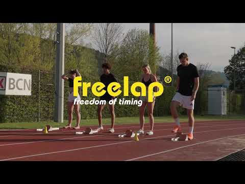 Freelap Canada video demonstration – track and field athlete using wireless timing system with MyFreelap app for time, reaction time, and stride analysis.