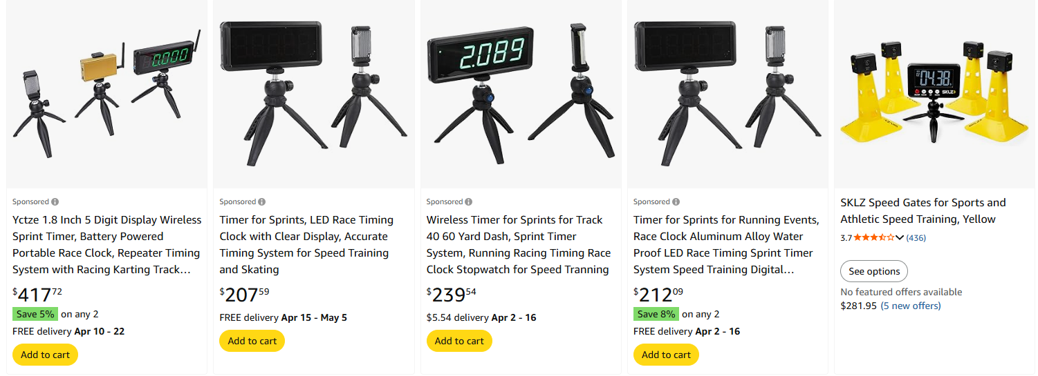 Various budget sprint timing systems on Amazon with tripods, LED displays, and portable race timers displayed side by side