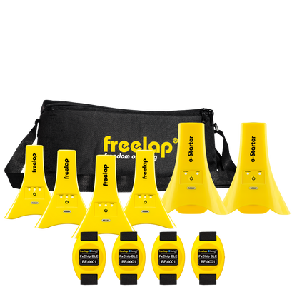 Freelap Canada Running Team Pack – complete wireless timing system with multiple chips and gates for group sprint training and performance analysis.