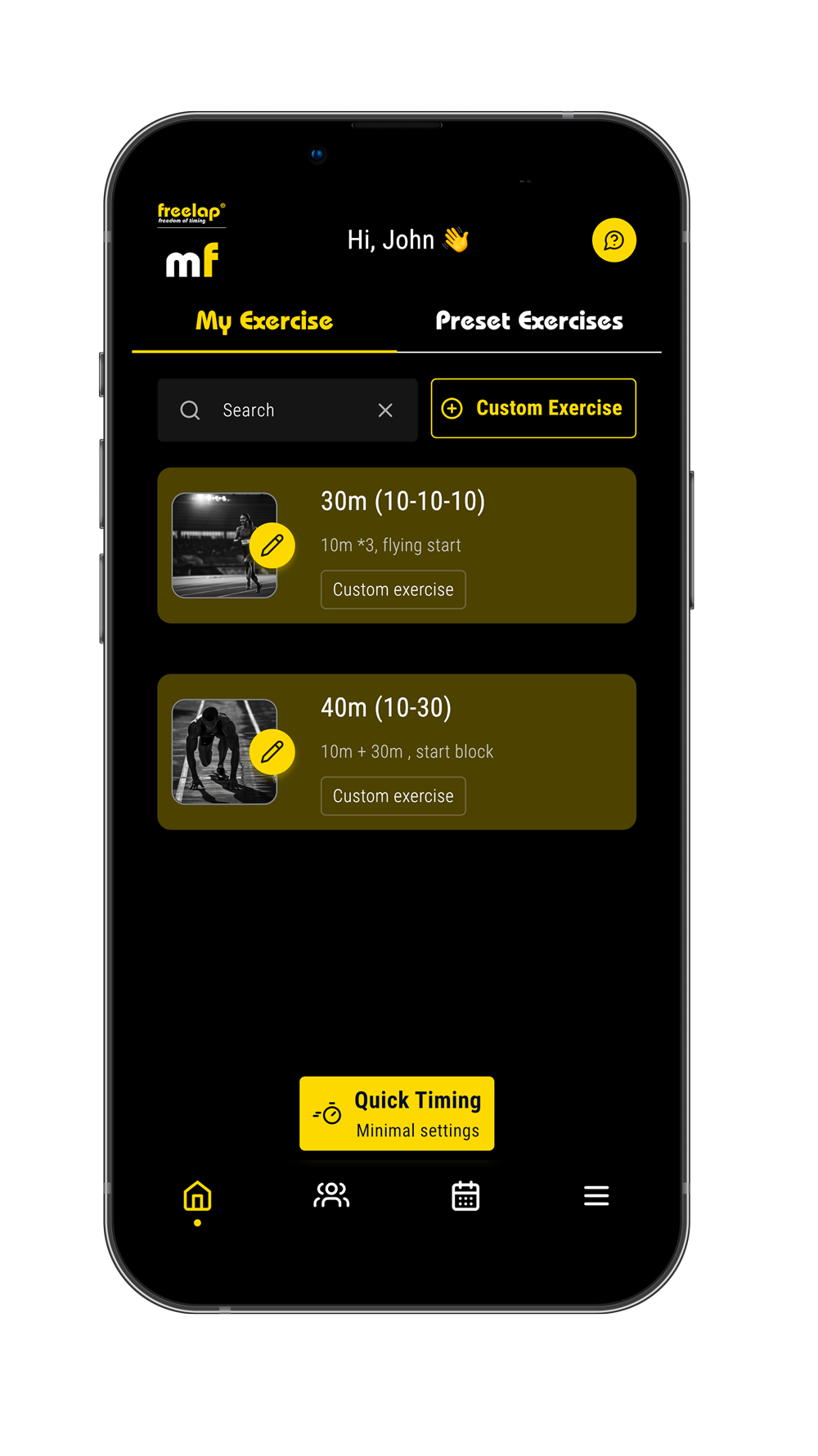 Phone displaying a fitness app with exercise options on a black background
