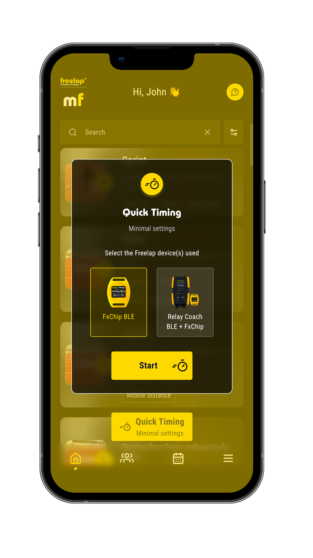 Smartphone displaying a mobile application interface with device selection and start button.