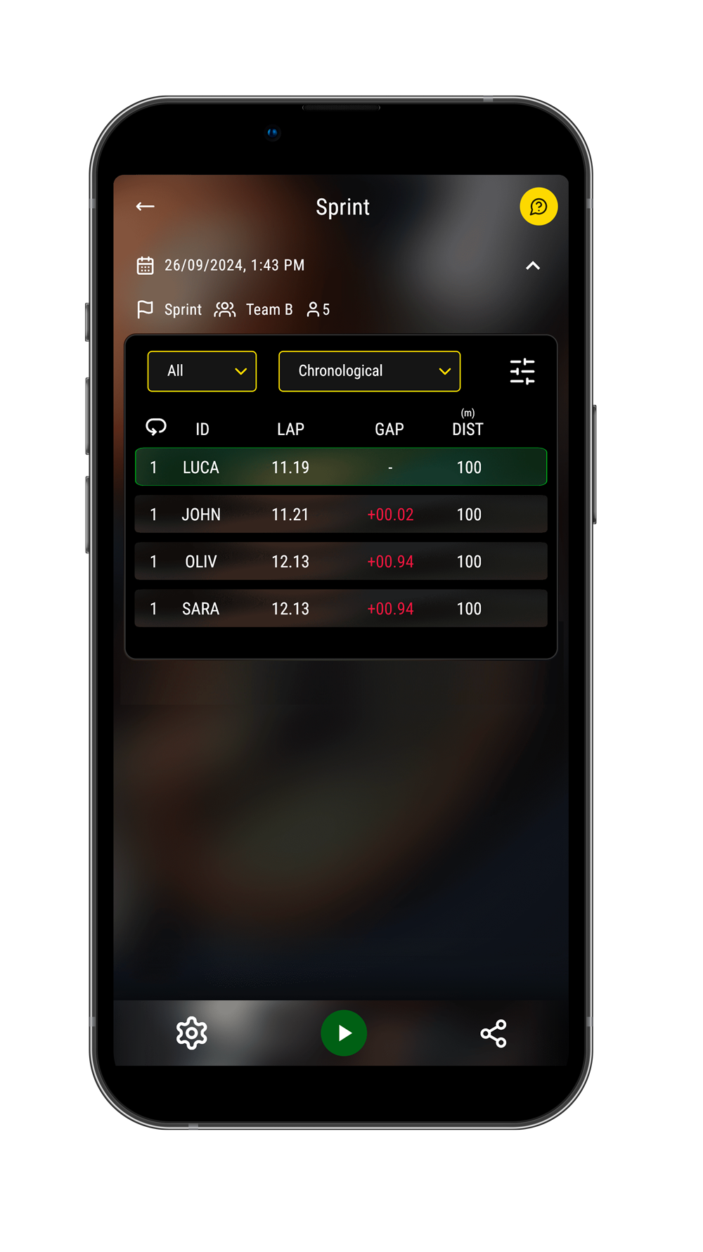 Phone displaying a racing app with driver names and times on a dark background