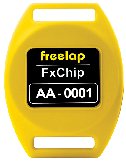 Freelap Canada FxChip BLE transponder – compact wireless timing chip for athletes, compatible with Freelap transmitters and MyFreelap app.